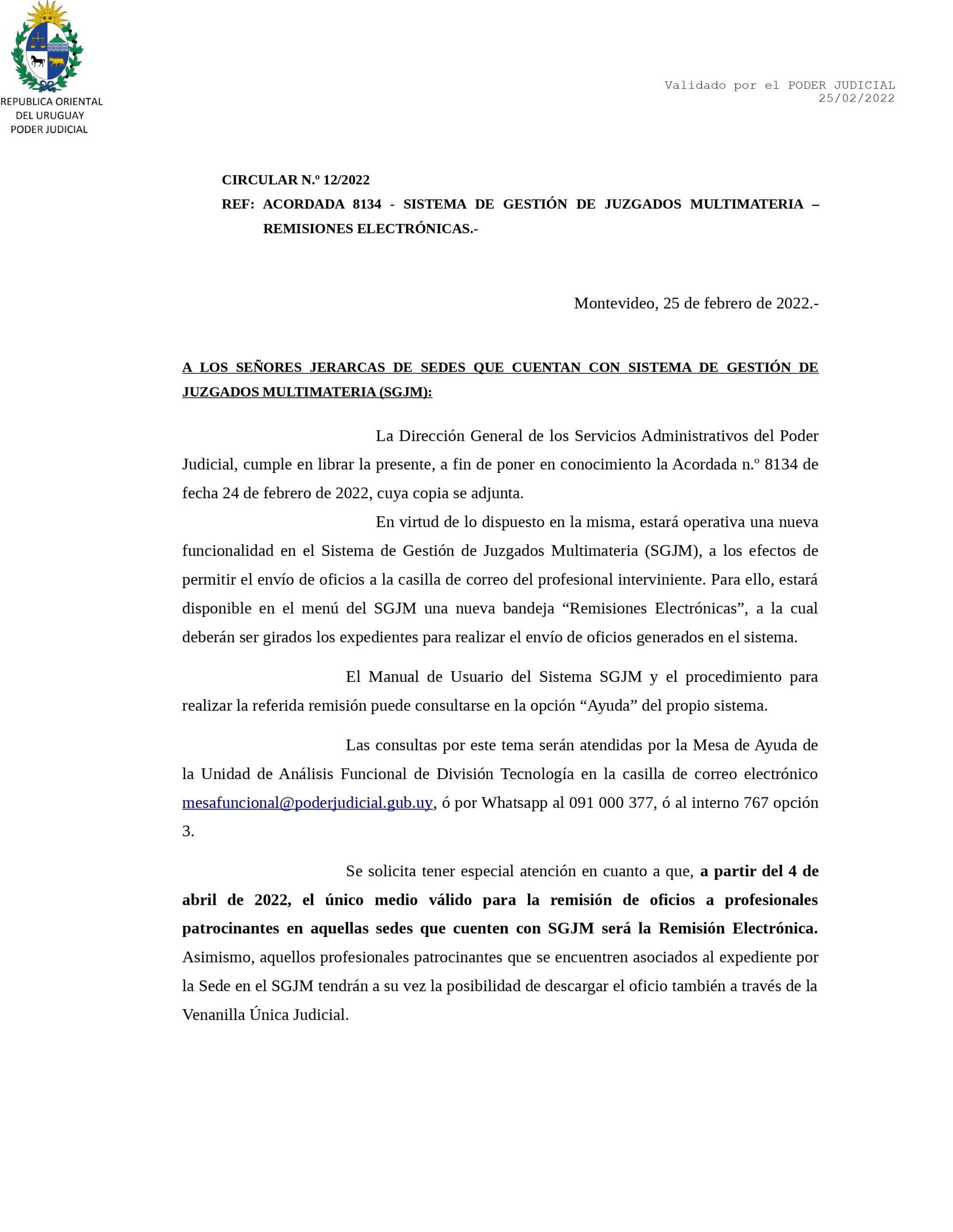 ACORDADA 8134 – SISTEMA DE GESTIÓN DE JUZGADOS MULTIMATERIA – REMISIONES ELECTRÓNICAS