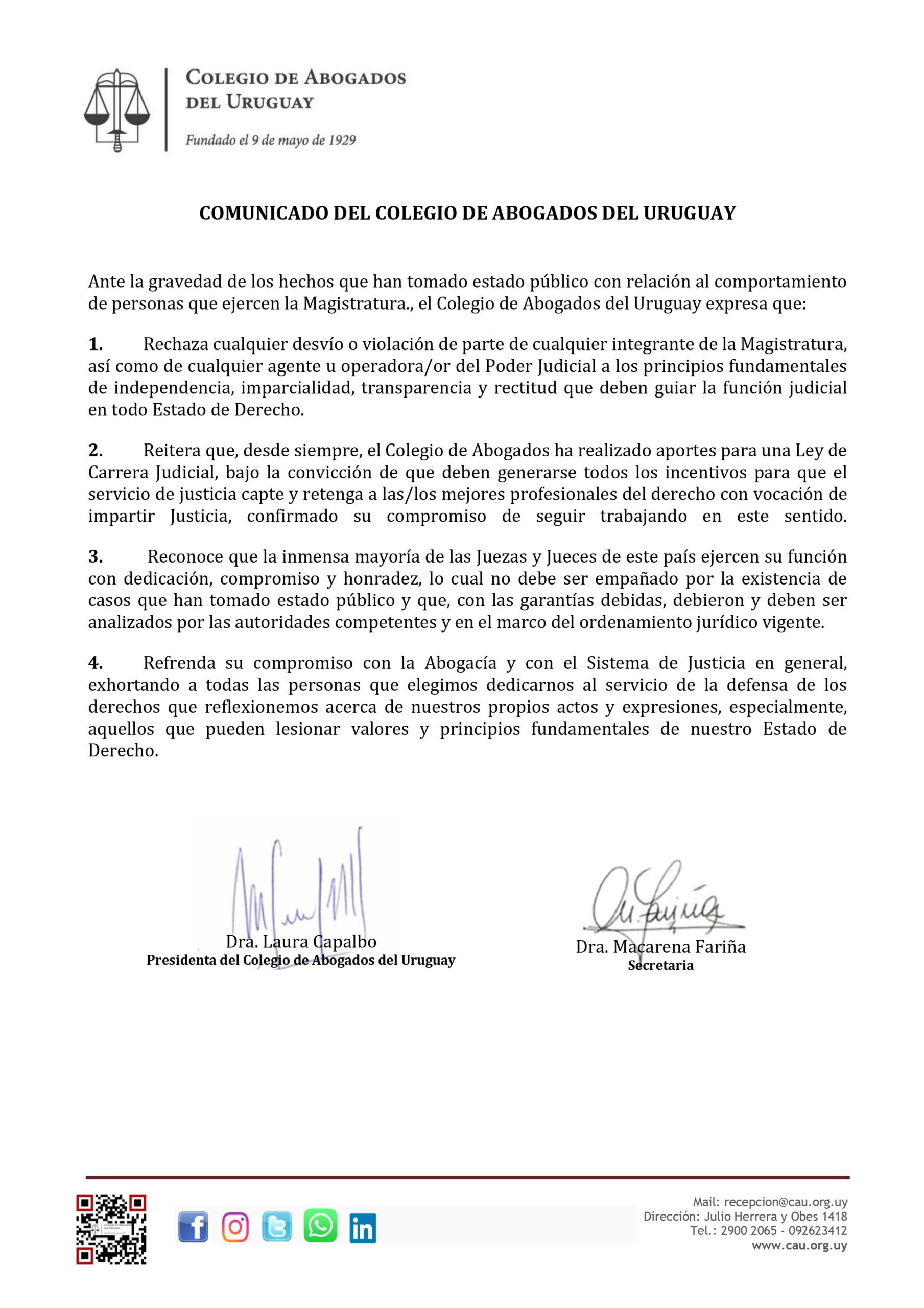 Comunicado del Colegio de Abogados del Uruguay
