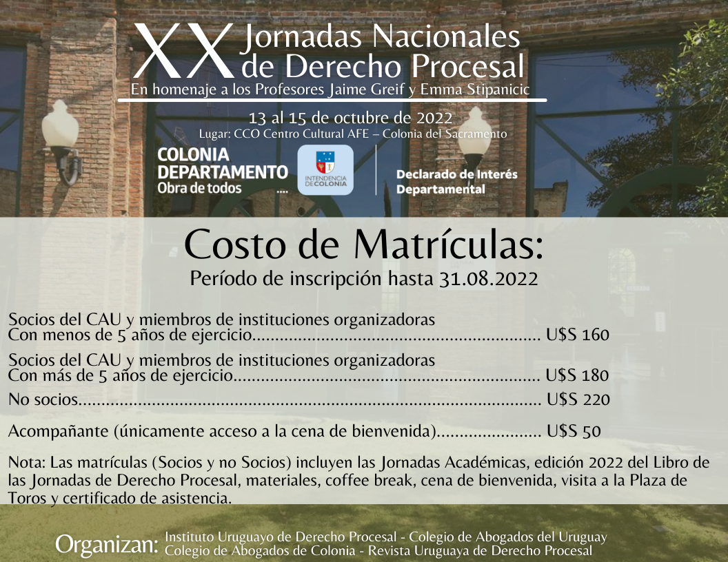 Costo a partir de Setiembre Matricula 2022-XX Jornadas Nacionales Derecho Procesal