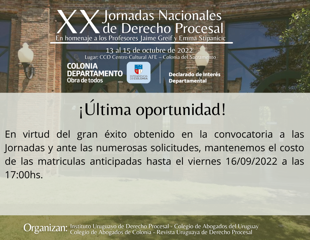 XX Jornadas de Derecho Procesal – Extendemos inscripciones anticipadas