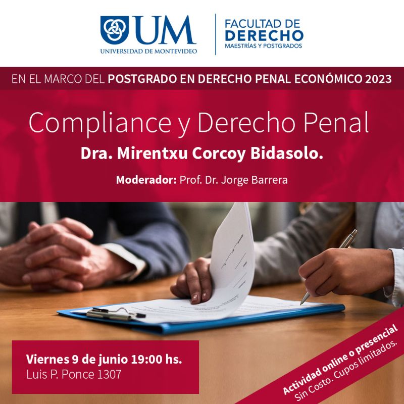 La Facultad de Derecho de UM dictará una charla en el marco del Postgrado en Derecho Penal Económico 2023