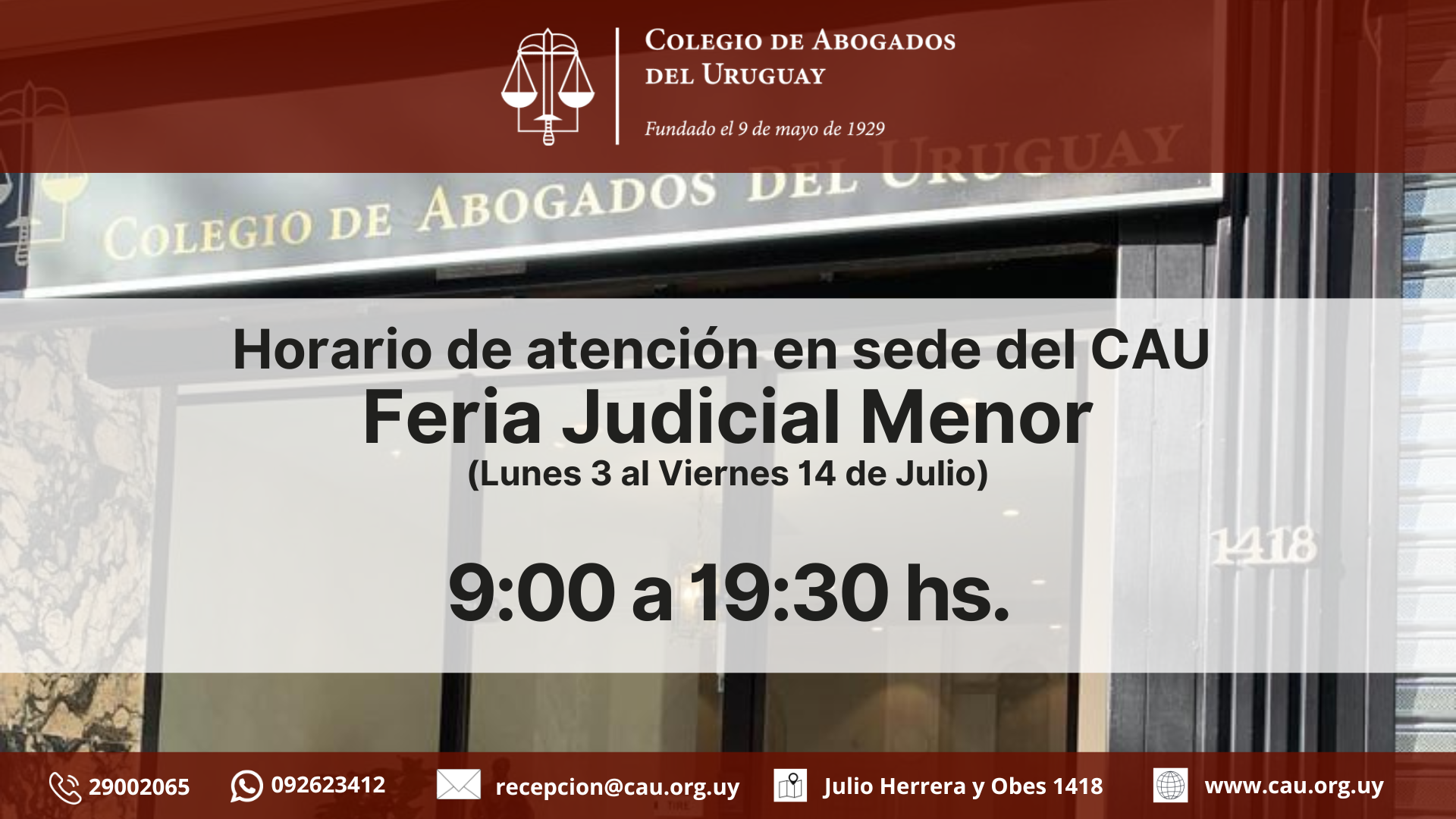 Horario de atención en sede del CAU – Feria Judicial Menor