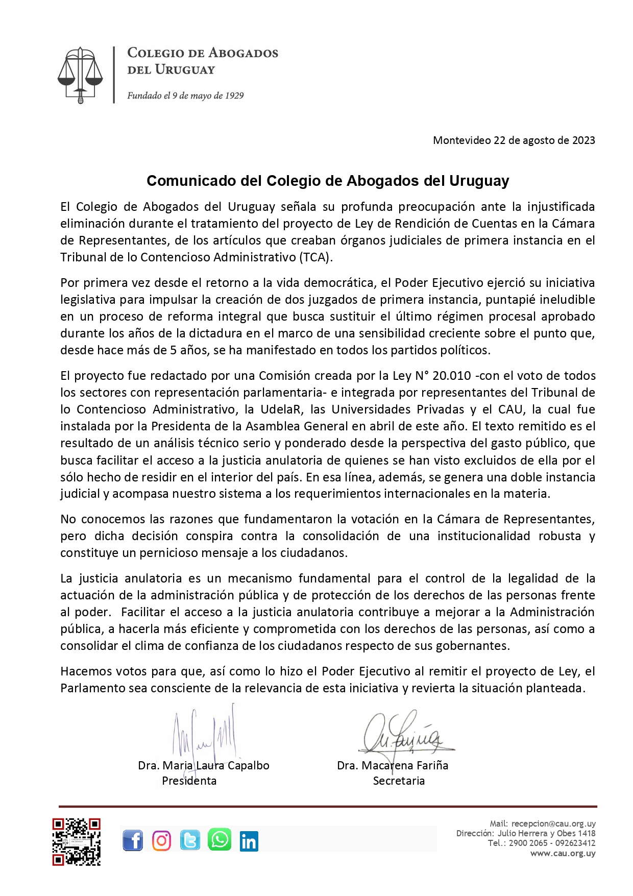 Comunicado del Colegio de Abogados del Uruguay