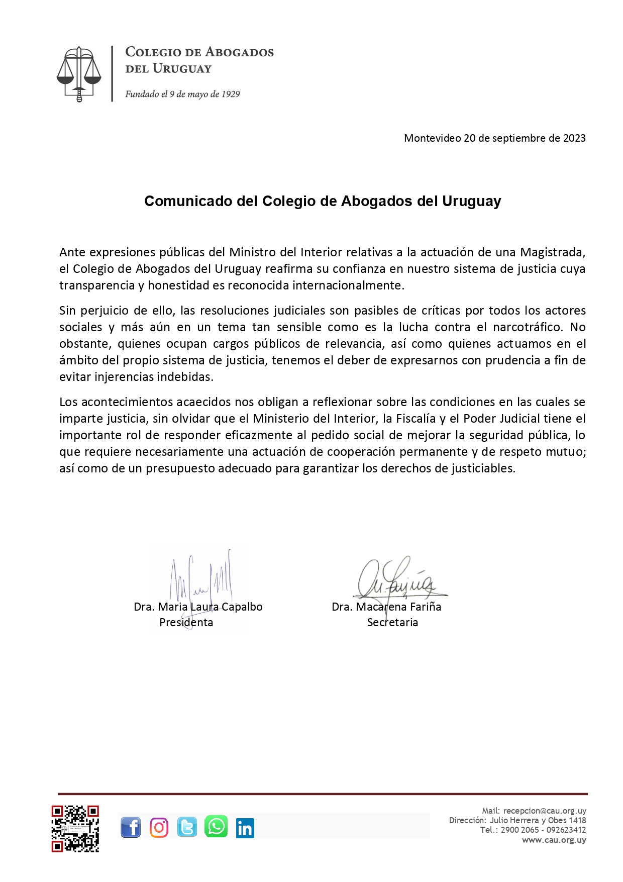 Comunicado del Colegio de Abogados del Uruguay