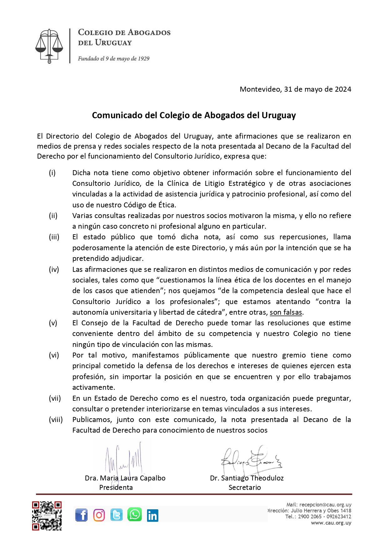 Comunicado del Colegio de Abogados del Uruguay – 31.05.2024