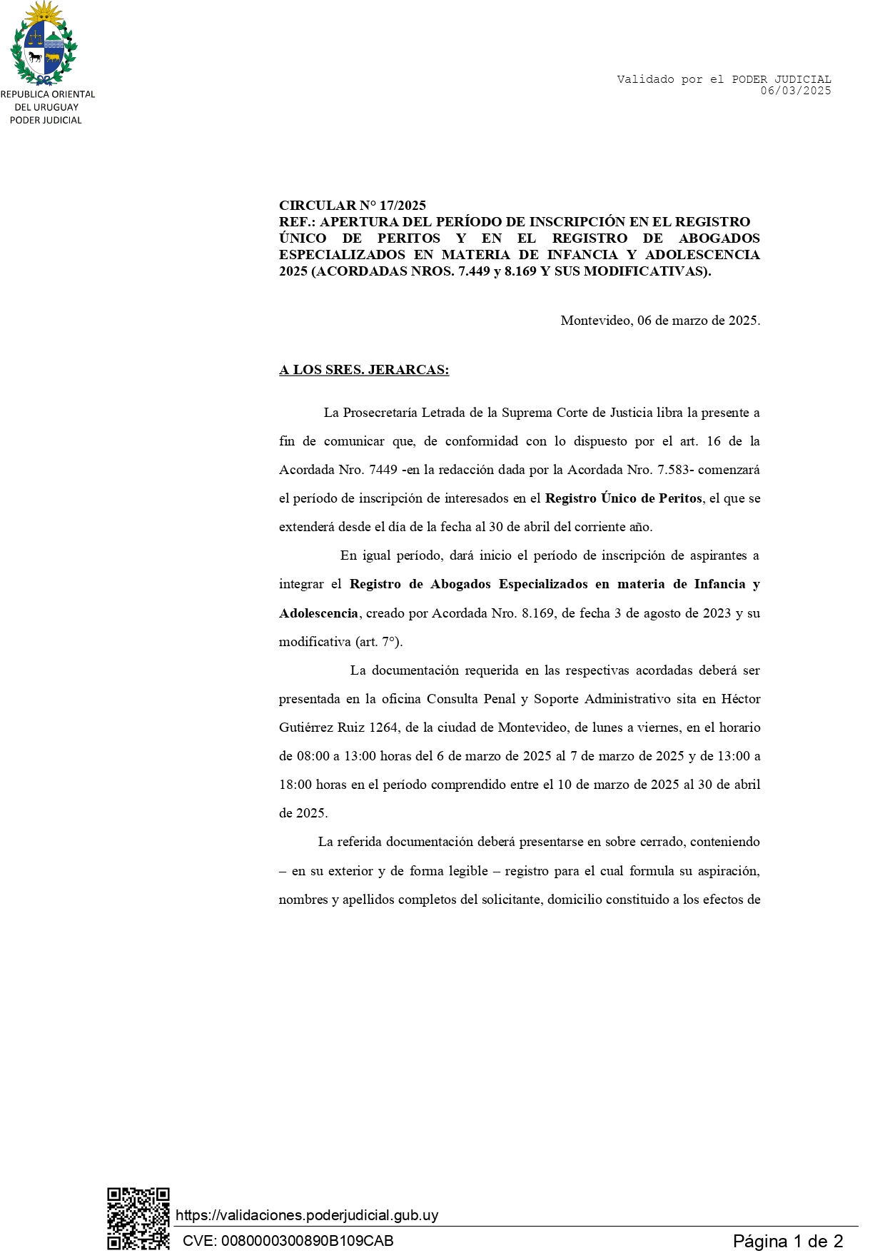 Apertura del período de inscripción en el registro único de peritos y en el registro de abogados especializados en materia de infancia y adolescencia.