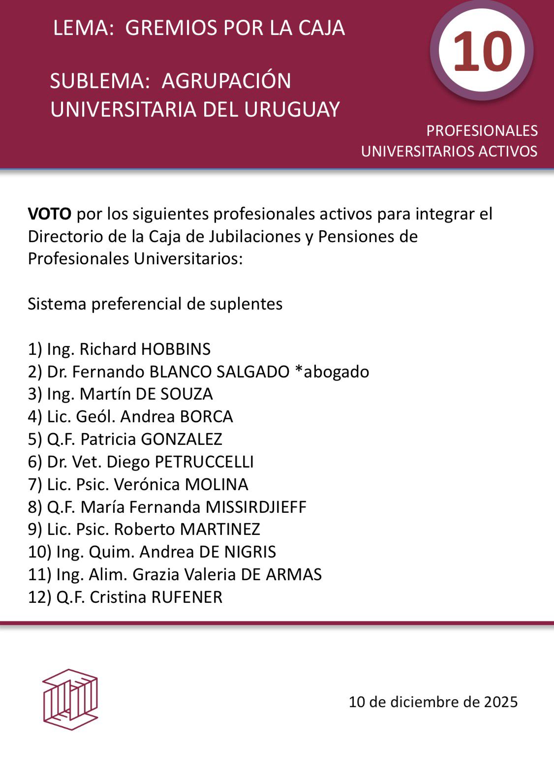 Exhortamos a nuestros socios a votar la lista 10