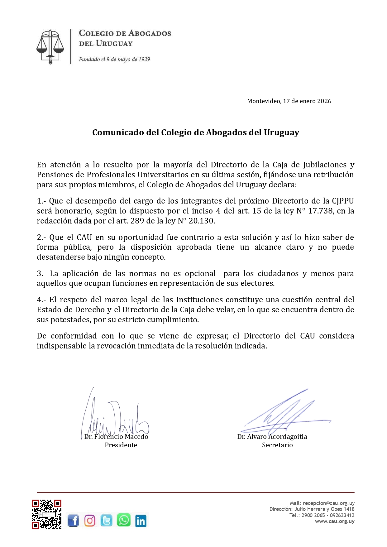 Comunicado del Colegio de Abogados del Uruguay