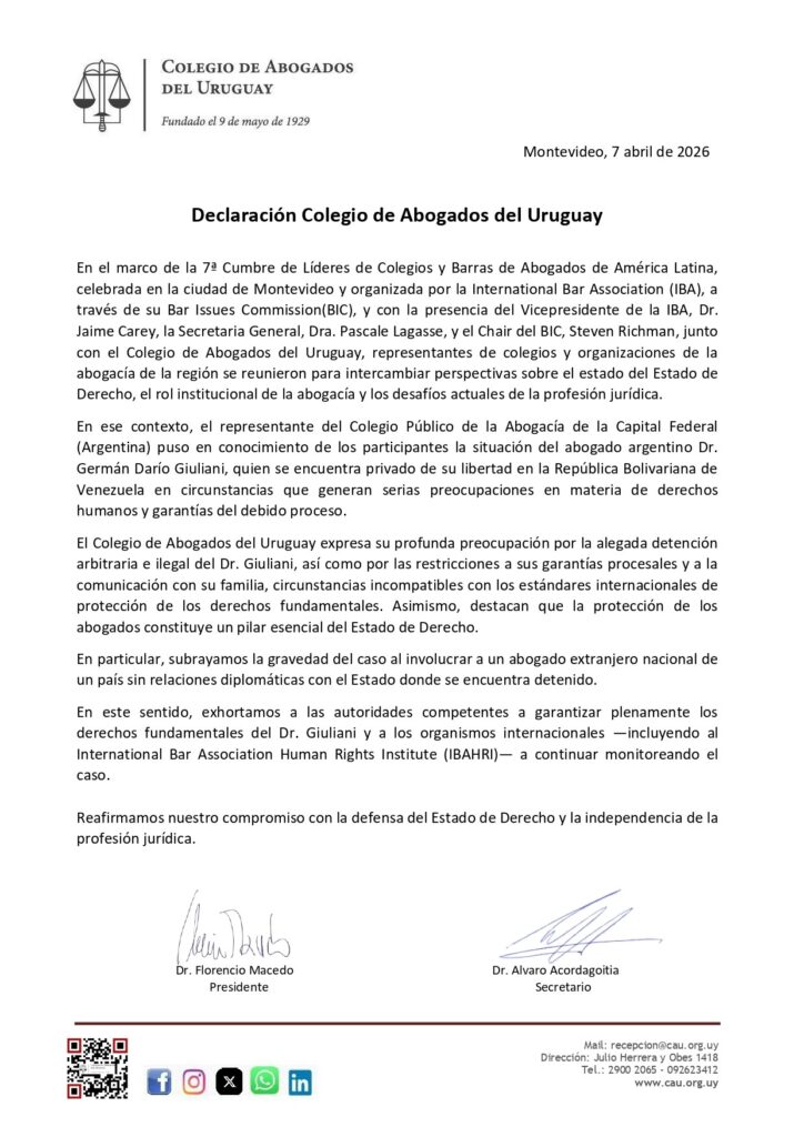 Declaración Colegio de Abogados del Uruguay